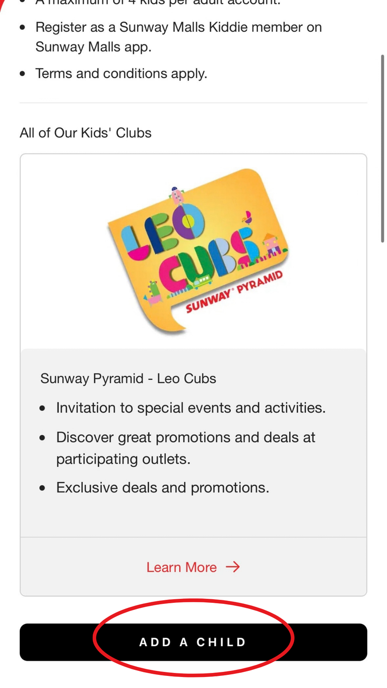Tap Add A Child under Sunway Pyramid Leo Cubs